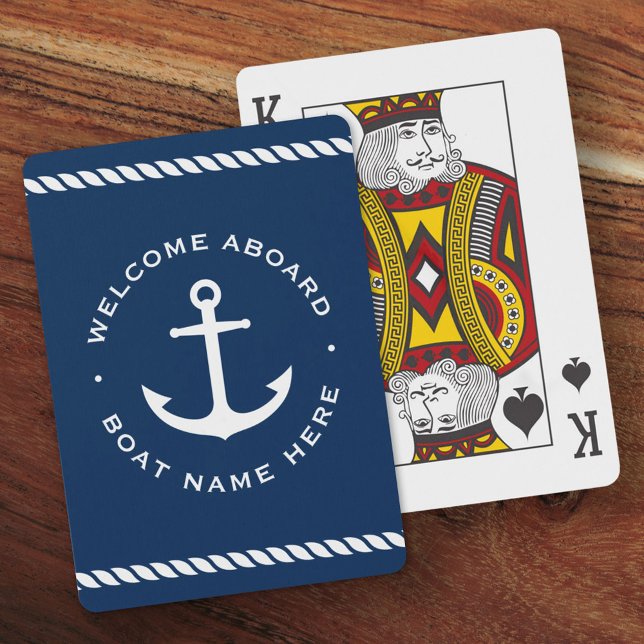 Welcome aboard boat name anchor rope dark blue playing cards (Creator Uploaded)