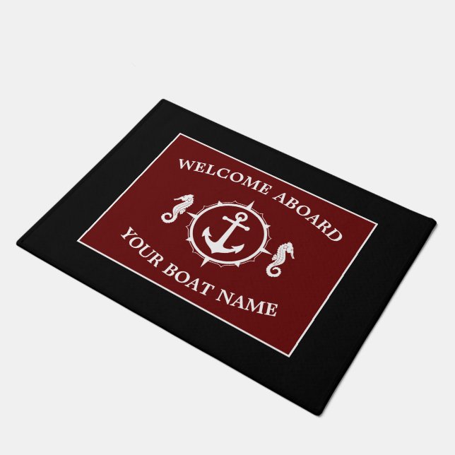 Welcome Aboard Boat Name Anchor Seahorse Deep Red Doormat (Angled)