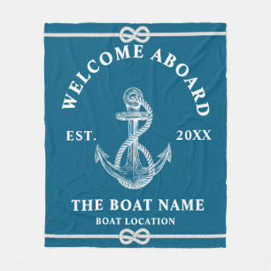 Welcome Aboard Boat Name and location Anchor  Fleece Blanket