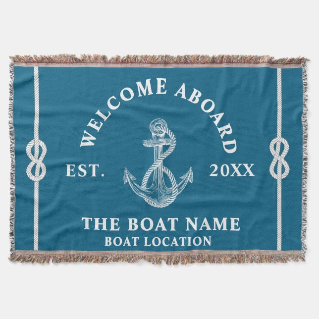 Welcome Aboard Boat Name and location Anchor  Throw Blanket (Front)