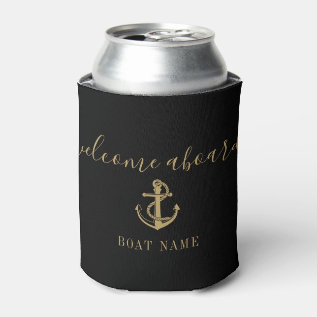 Welcome Aboard Boat Name Black And Gold Can Cooler (Can Front)