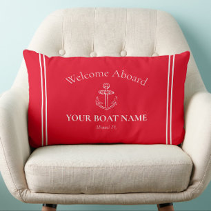 Welcome Aboard Boat Name Bright Red Nautical Lumbar Cushion