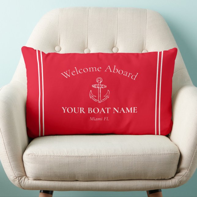 Welcome Aboard Boat Name Bright Red Nautical Lumbar Cushion (Red and White Traditional Nautical Welcome Aboard Boat Pillow with Your Boat Name and Home Port)