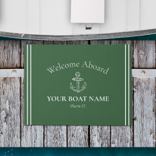 Welcome Aboard Boat Name Hunter Green Nautical ⚓ Doormat