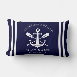 Welcome Aboard Boat Name Nautical Anchor   Blue Lumbar Cushion