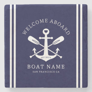 Welcome Aboard Boat Name Nautical Anchor   Blue Stone Coaster