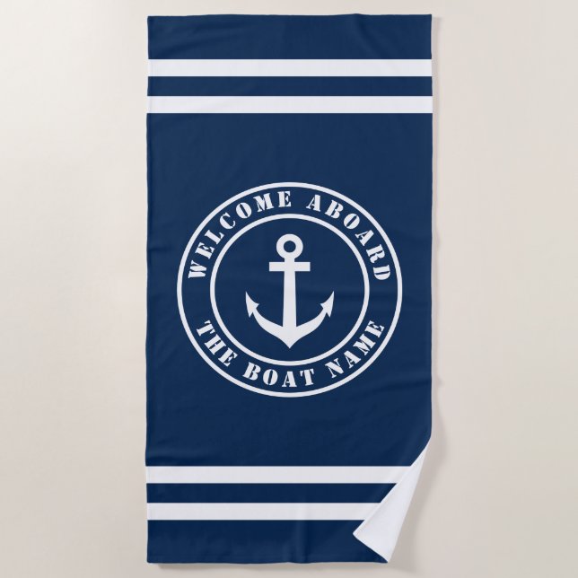 Welcome aboard boat name nautical anchor custom beach towel (Front)
