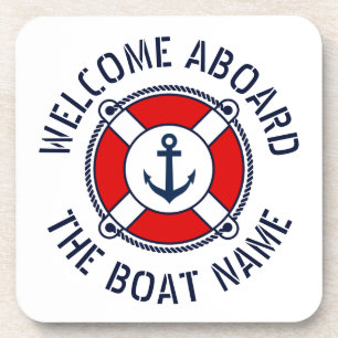 Welcome aboard boat name nautical anchor life buoy coaster