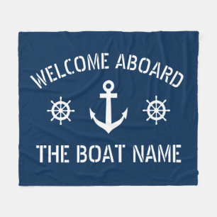 Welcome aboard boat name nautical anchor navy blue fleece blanket