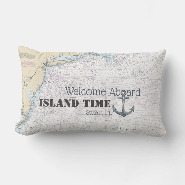 Welcome Aboard Boat Name Nautical Chart + Anchor Lumbar Cushion (Front)