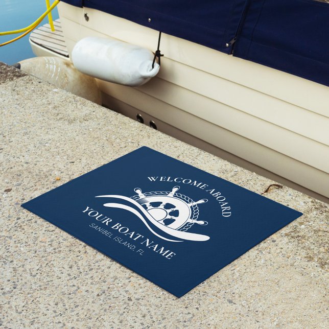 Welcome Aboard Boat Name Nautical Ship Wheel Navy Doormat (Creator Uploaded)
