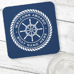 Welcome aboard boat name nautical ship's wheel coaster<br><div class="desc">Coaster featuring a white,  elegant ship's wheel and rope emblem with custom text "welcome aboard" and boat name on a dark blue background.</div>