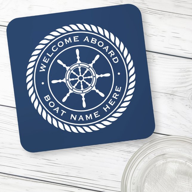 Welcome aboard boat name nautical ship's wheel coaster (Welcome aboard boat name nautical ship's wheel beverage coaster)