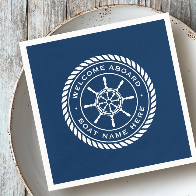 Welcome aboard boat name nautical ship's wheel napkin (Welcome aboard boat name nautical ship's wheel napkins)