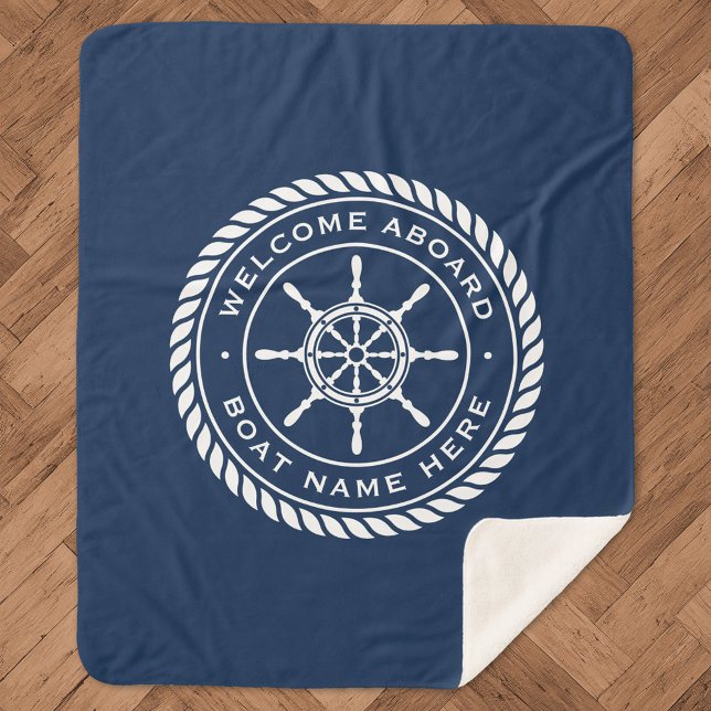 Welcome aboard boat name nautical ship's wheel sherpa blanket (Creator Uploaded)