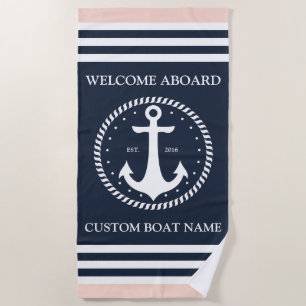 Welcome Aboard Boat Name - Personalised Navy Coral Beach Towel