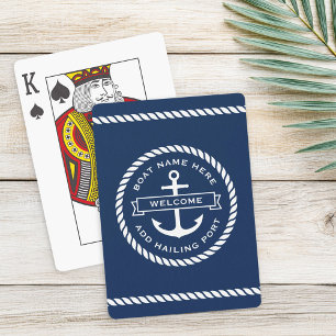 Welcome aboard boat name rope nautical ship wheel playing cards