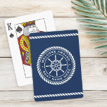 Welcome aboard boat name rope nautical ship wheel playing cards<br><div class="desc">Playing cards featuring a white,  elegant ship's wheel and rope emblem with custom text "welcome aboard" and boat name on a dark blue background.  At the top and bottom are rope borders.</div>