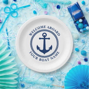 Welcome Aboard Boat Name Sea Anchor Blue White Pap Paper Plate