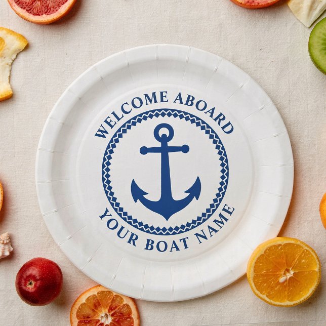 Welcome Aboard Boat Name Sea Anchor Blue White Pap Paper Plate (Creator Uploaded)
