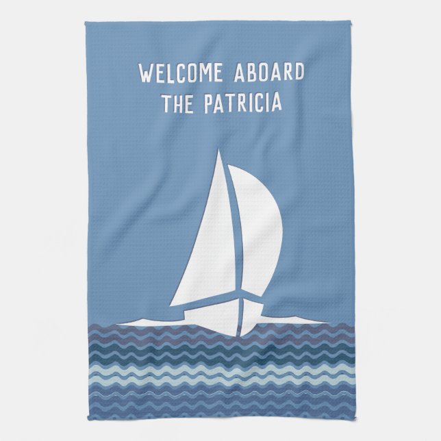 Welcome Aboard (Boat Name) Tea Towel (Vertical)