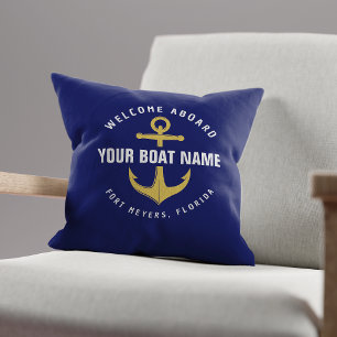 Welcome Aboard Boat Navy Blue Gold Nautical Anchor Cushion