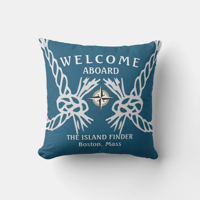 Welcome Aboard Boats Name Ocean Blue White Grey Cushion (Front)