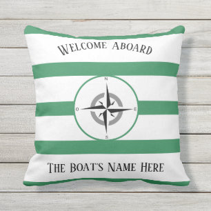 Welcome Aboard Boats Name Sea Green Stripes Cushion