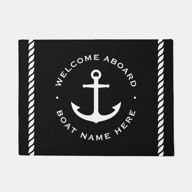 Welcome aboard custom boat name anchor black doormat (Front)