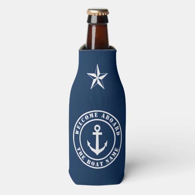 Welcome aboard custom boat name nautical anchor bottle cooler (Bottle Front)