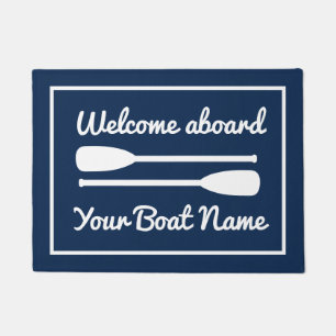Welcome aboard custom name blue white boat paddles doormat