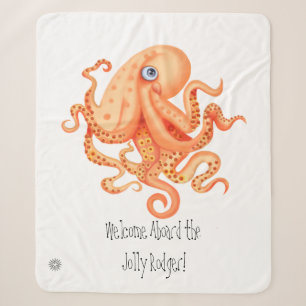 Welcome aboard cute orange octopus sherpa blanket