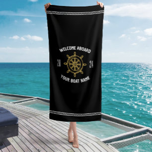Welcome Aboard Gift for Boat Owners Black & Gold Beach Towel