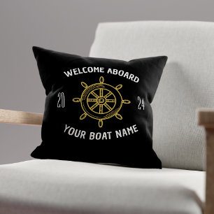 Welcome Aboard Gift for Boat Owners Black & Gold Cushion