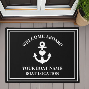 Welcome Aboard Heart Anchor Boat Name Black Doormat