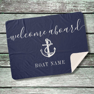 Welcome Aboard Nautical Anchor Boat Name Navy Blue Sherpa Blanket