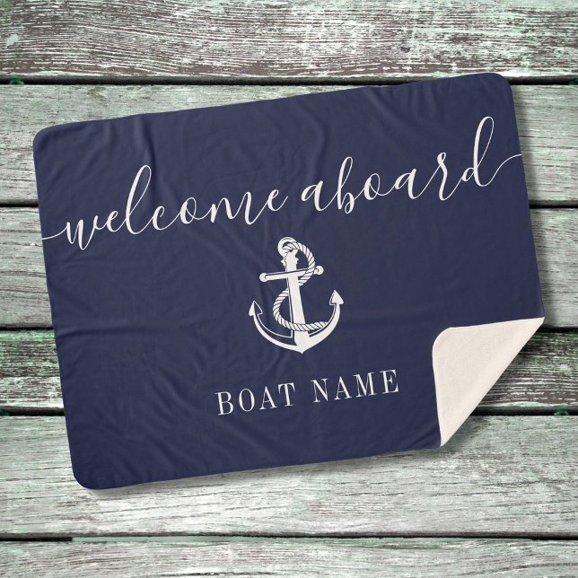 Welcome Aboard Nautical Anchor Boat Name Navy Blue Sherpa Blanket (Creator Uploaded)