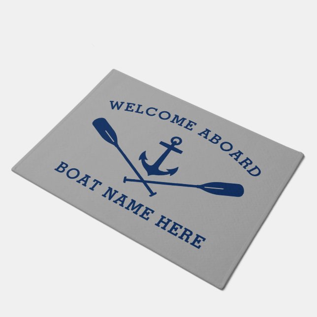 Welcome Aboard Nautical Anchor Crossed Oars Grey Doormat (Angled)