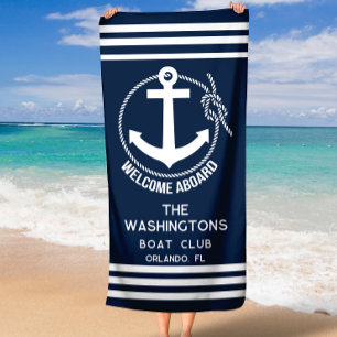 Welcome Aboard Nautical Anchor Rope Boat Name Beach Towel