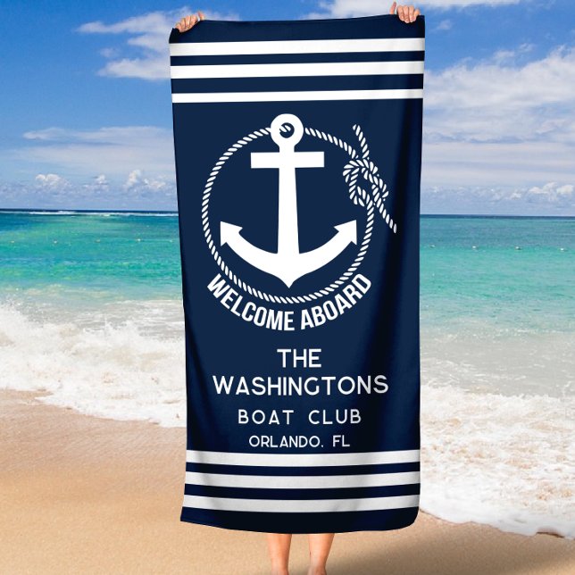 Welcome Aboard Nautical Anchor Rope Boat Name Beach Towel (Creator Uploaded)