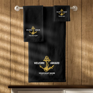 Welcome Aboard Nautical Black & Gold Boat Name Bath Towel Set