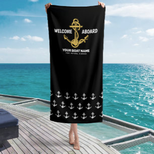Welcome Aboard Nautical Black & Gold Boat Name Beach Towel