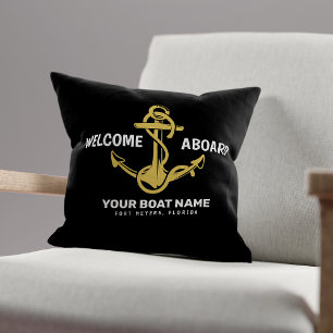 Welcome Aboard Nautical Black & Gold Boat Name Cushion