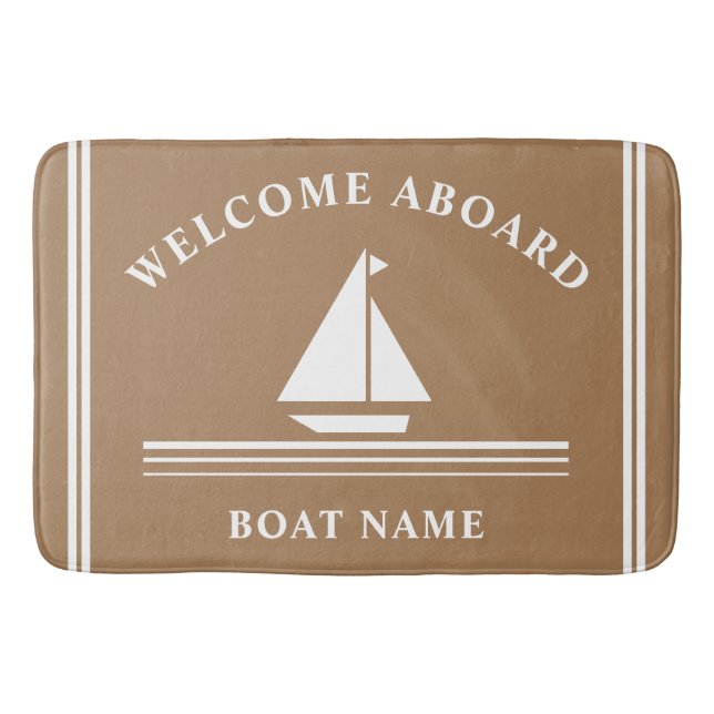 Welcome Aboard Nautical Boat Khaki Name Bath Mat (Front)