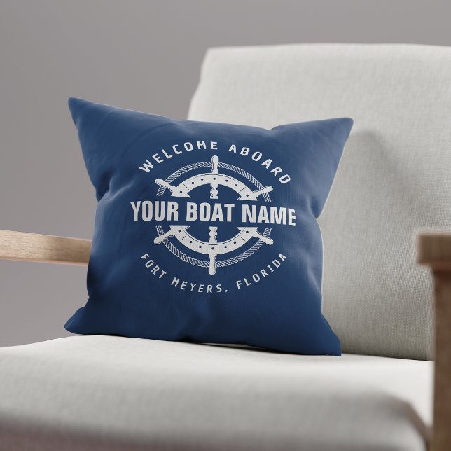 Welcome Aboard Nautical Boat Name Navy Blue Cushion (Creator Uploaded)