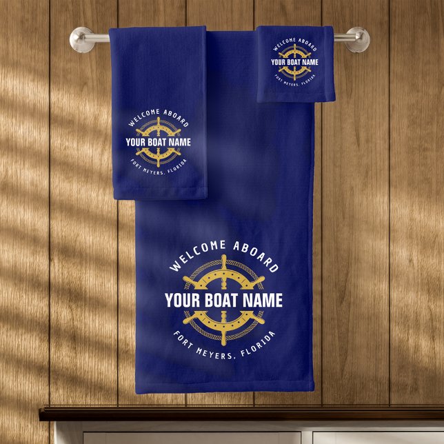 Welcome Aboard Nautical Boat Name Navy Blue & Gold Bath Towel Set (Creator Uploaded)