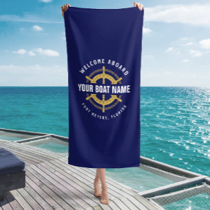 Welcome Aboard Nautical Boat Name Navy Blue & Gold Beach Towel