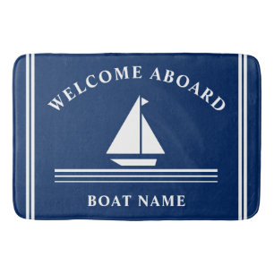 Welcome Aboard Nautical Boat Navy Blue Name Bath Mat