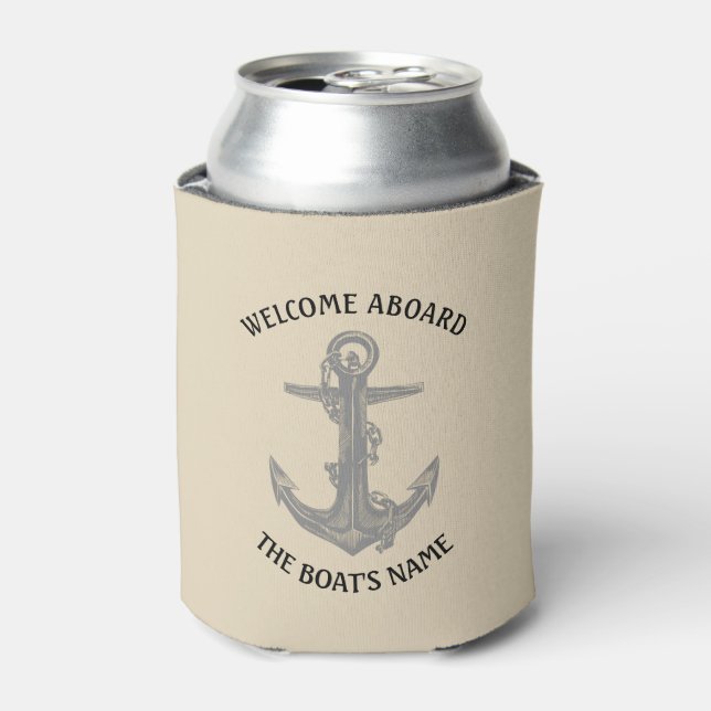Welcome Aboard Nautical Greeting Anchor and Name Can Cooler (Can Front)