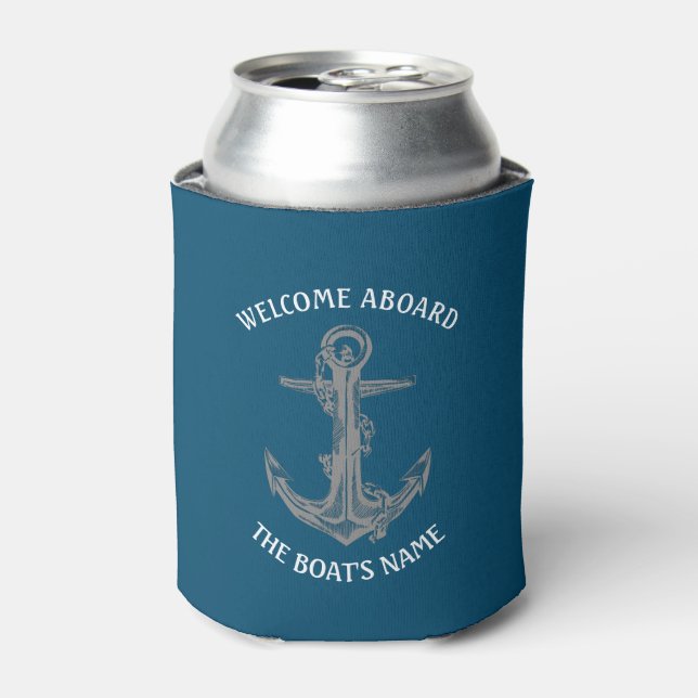 Welcome Aboard Nautical Greeting Anchor Blue Can Cooler (Can Front)